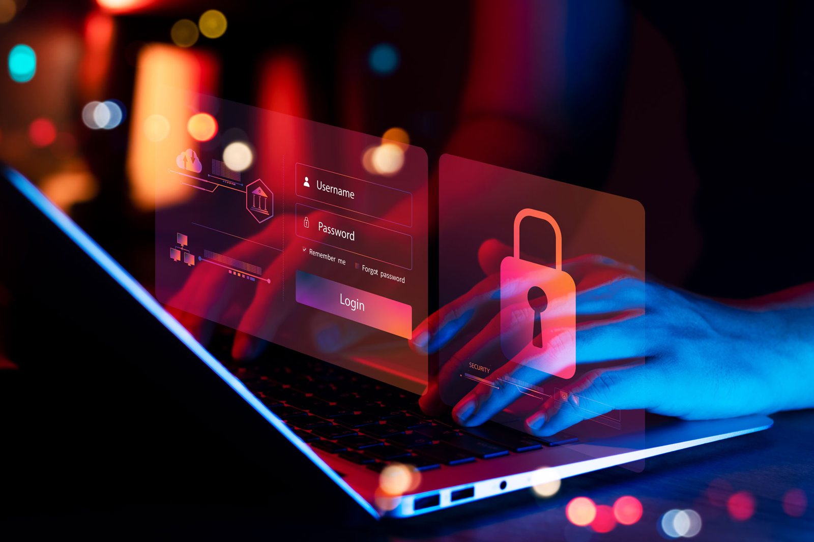 Hands on a laptop with a glowing padlock